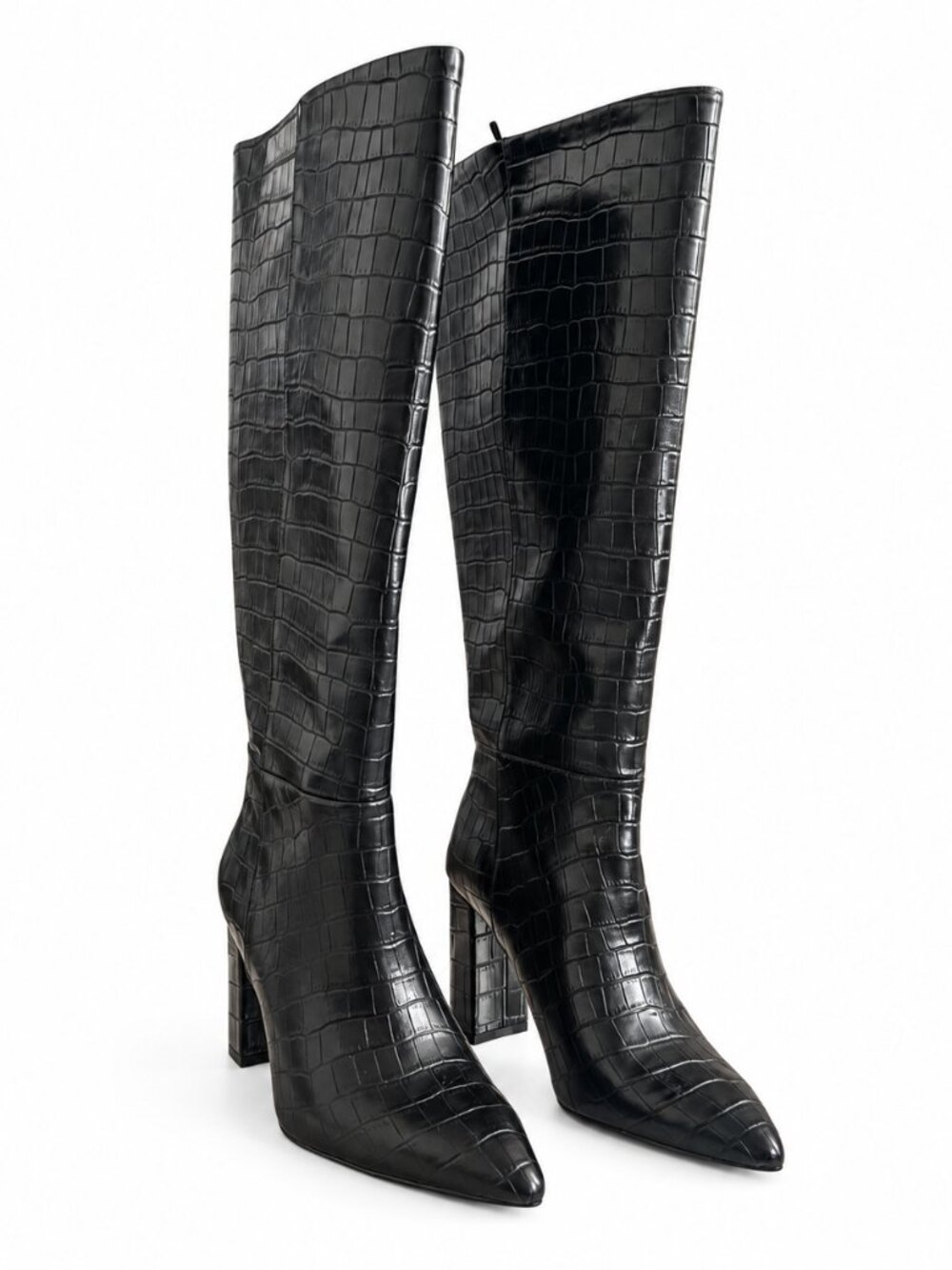 H&M Black Croc Embossed Knee High Boots US 7 Pointed Toe Block Heel